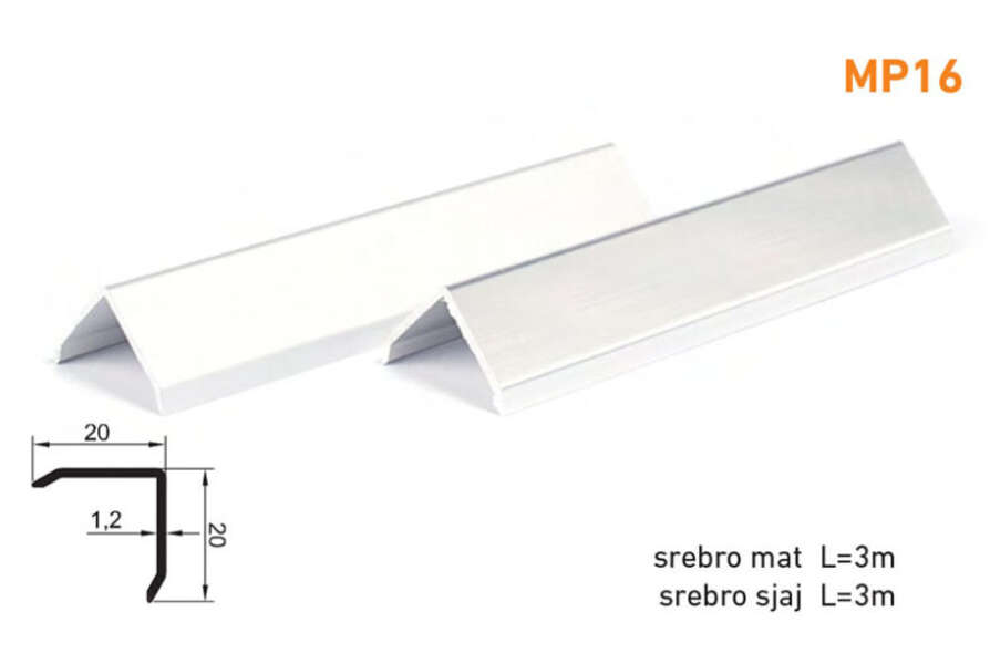 Lajsna ugaona L-profil MP16 - srebrna mat - Slika 1