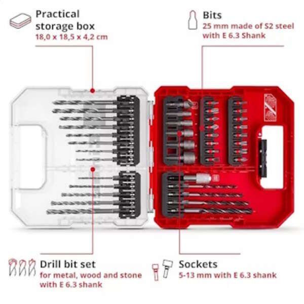 Set bitova i burgija + S2-E6.3-1/4" L-Case 40/1 Einhell - Slika 3
